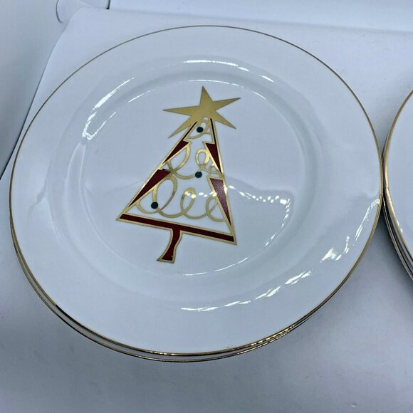 PIER ONE Christmas Tree Porcelain Dessert Plates Set of Four Vintage Red & Green - Picture 10 of 12